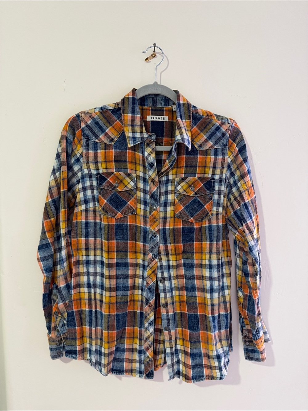 Orvis Orange Navy Plaid Button-Down Shirt